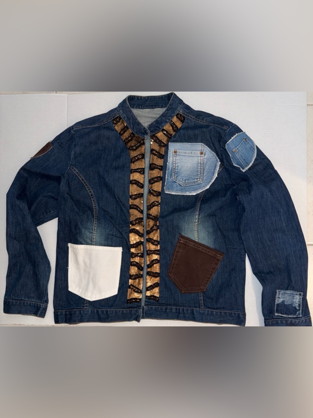Denim Patchwork Pockets Jacket with Sequin Trim Sz XL